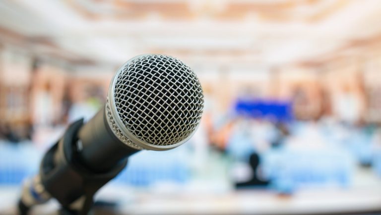 Seminar Conference Concept : Close Up Microphones On Abstract Bl